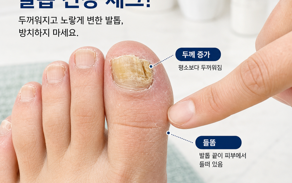 노랗게 변색되고 두꺼워진 엄지발톱을 손가락으로 가리키며 두께 증가와 들뜸 증상을 확인하는 모습