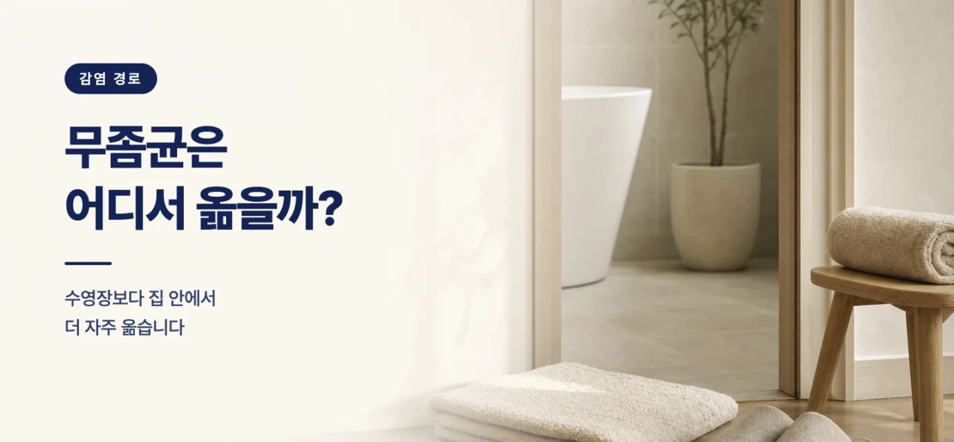 욕실 앞 발매트와 실내 슬리퍼, 접힌 수건 - 집 안에서 일어나는 무좀균 감염 경로를 보여주는 이미지