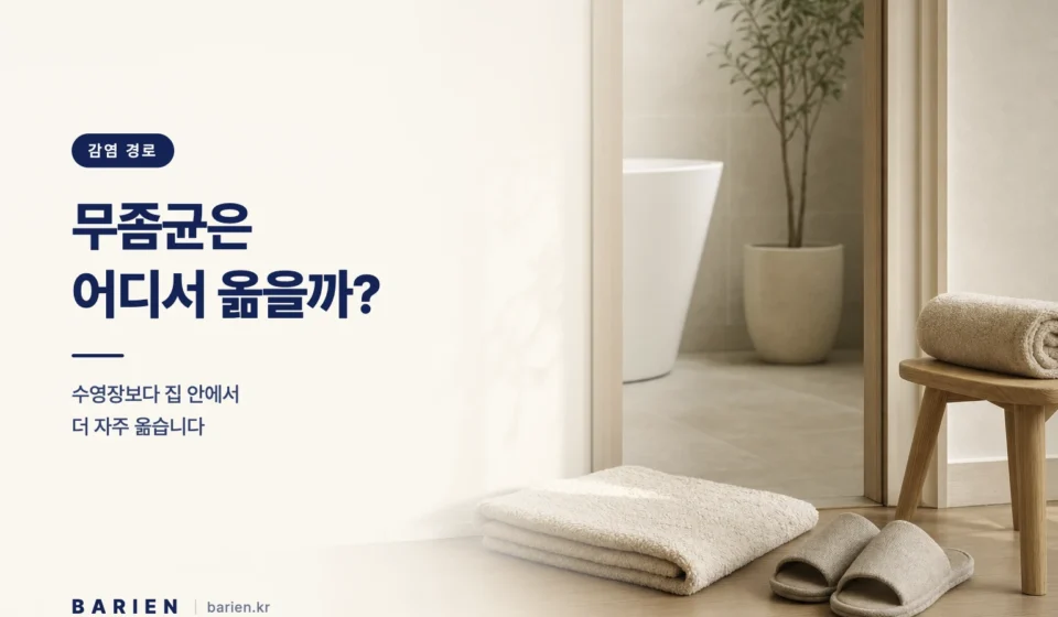욕실 앞 발매트와 실내 슬리퍼, 접힌 수건 - 집 안에서 일어나는 무좀균 감염 경로를 보여주는 이미지